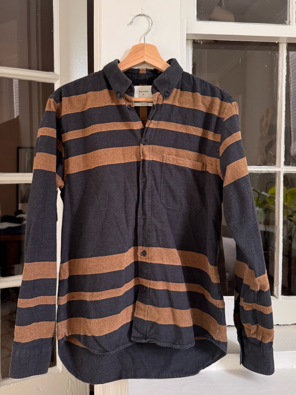 Billy Reid Flannel Shirt M Standard Fit Charcoal Camel Stripe Portugal Shacket